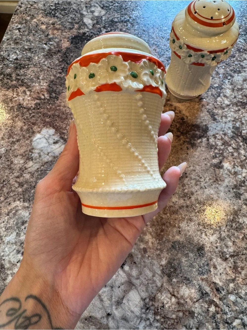 Vintage Japanese White Ceramic Salt and Pepper Shaker Set w/ Reddish/Orange Trim